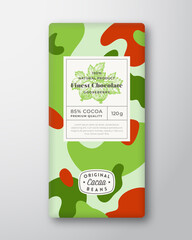 Wall Mural - Gooseberry Chocolate Label. Abstract Shapes Vector Packaging Design Layout with Shadows. Modern Typography, Hand Drawn Berries Silhouette and Colorful Camouflage Pattern Background. Isolated