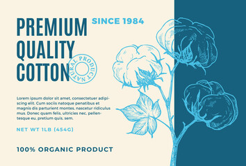 Wall Mural - Organic Cotton Abstract Vector Product Label Design. Modern Typography and Hand Drawn Cotton Plant Branch with Leaves and Flowers Sketch Silhouette Background Layout. Isolated