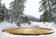 Wooden desk of free space and landscape of winter mountains. 