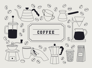 Vector hand drawn linear set with coffee stuff and equipment