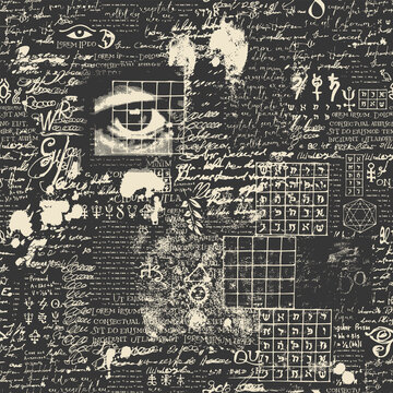 Abstract seamless pattern with human eye, fragments of handwritten text Lorem Ipsum, typescript, scribbles and blots on black backdrop. Grunge vector background, wallpaper, wrapping paper or fabric