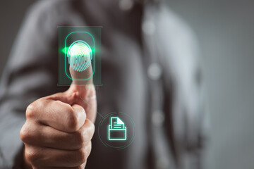 Fototapete - Businessman scan fingerprint biometric identity and approval to access file folder. Business concept of the future of security and password control through fingerprints in an immersive technology