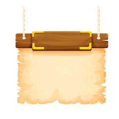 Wall Mural - Wood frame, banner with gold details, old parchment and rope in cartoon style isolated on white background. Ancient signboard. Ui game asset