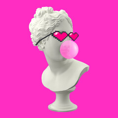 Funny illustration from 3d rendering ofhead sculpture Venus in pixel glasses, blowing a pink chewing gum bubble. Isolated on pink background.
