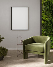 Poster mockup with vertical frames on light gray wall in living room interior with green velvet armchair and moss wall. 3d rendering