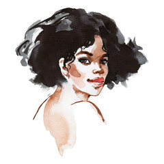 Wall Mural - Watercolor curly african woman. Hand drawn portrait of young lady on white background. Back view. Painting fashion illustration.