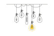 One continuous line drawing of hanging loft light bulbs with one shining. Concept of creative idea in simple doodle style. Editable stroke. Vector illustration