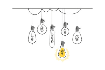Wall Mural - One continuous line drawing of hanging loft light bulbs with one shining. Concept of creative idea in simple doodle style. Editable stroke. Vector illustration