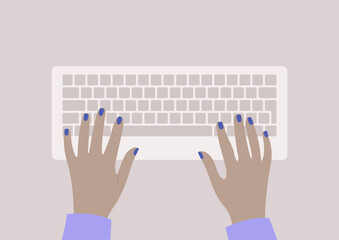 hands typing on a keyboard, top view, daily office routine