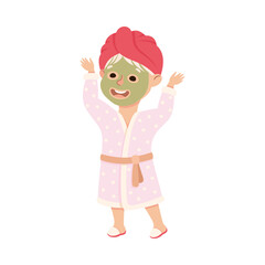 Sticker - Little Blond Girl in Her Childhood in Bath Robe and Towel on Her Head After Bathing Procedure Vector Illustration