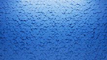 3D Tiles Arranged To Create A Semigloss Wall. Blue, Diamond Shaped Background Formed From Futuristic Blocks. 3D Render