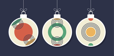 Poster - Set of decorative modern art Christmas balls isolated on blue background. New year Set of minimal 20s geometric design bauble, vector template with primitive shapes elements