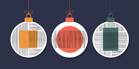 Poster - Set of decorative modern art Christmas balls isolated on blue background. New year Set of minimal 20s geometric design bauble, vector template with primitive shapes elements