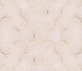 Wall Mural - Geometric seamless pattern with gold circle wavy tiles.