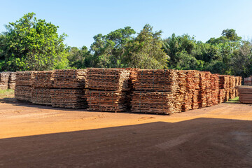 Stacks of packaged sawn slats.