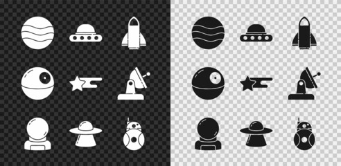 Wall Mural - set planet, ufo flying spaceship, rocket, astronaut helmet, robot, death star and falling icon. vect