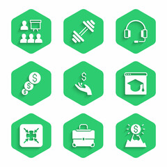 Poster - Set Hand holding coin money, Briefcase, Mountains with flag, Online education, Target, Financial growth dollar, Headphones and Training, presentation icon. Vector