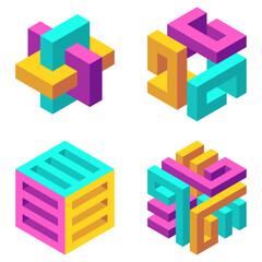 Aufkleber - Set of illusory cubes made of blocks. The isometric cube turns in different angles. Math objects with mental tricks. Brain optical illusion. Symbol with three-dimensional effect.