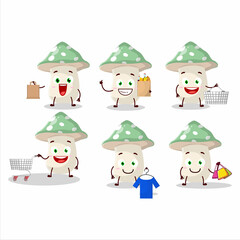 Sticker - A Rich green amanita mascot design style going shopping