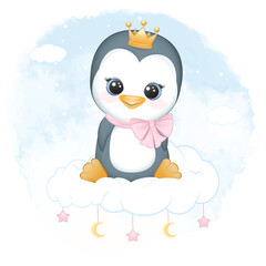  Cute little penguin sitting on the cloud, watercolor background