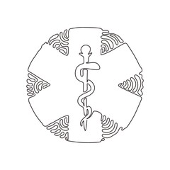 Poster - Single continuous line drawing medical snake health symbol. Medicine system and health care concept. Medical icon. Medicine logo. Swirl curl circle background style. One line graphic design vector