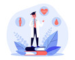 Medical University graduate flat vector illustration. Young doctor with knowledge of circulation, joint and cardiovascular health, standing on giant books. Medicine, education, healthcare concept