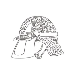 Poster - Single continuous line drawing red firefighter helmet with protective glass.  Equipment for firefighter or volunteer. Swirl curl style concept. Dynamic one line draw graphic design vector illustration