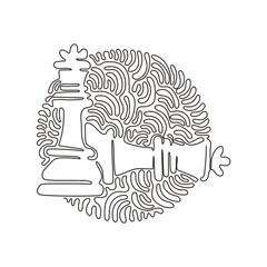 Poster - Single continuous line drawing figures of wooden chess on chessboard. King, queen of opposing team's. Swirl curl circle background style. Dynamic one line draw graphic design vector illustration