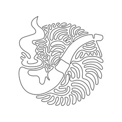 Poster - Single continuous line drawing smoking pipe with smoke. Tobacco pipe isolated. Tube for smoking tobacco. Swirl curl circle background style. Dynamic one line draw graphic design vector illustration