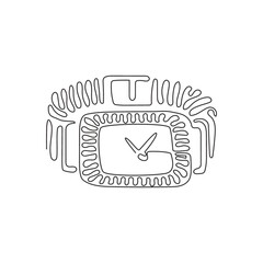 Poster - Single continuous line drawing woman watch, gold and white color, with diamonds and rhinestones, gold bracelet. Luxury watch. Swirl curl style. Dynamic one line draw graphic design vector illustration