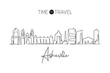 Single One Line Drawing Asheville City Skyline, North Carolina. World Historical Town Landscape. Best Holiday Destination Postcard. Trendy Continuous Line Draw Graphic Design Vector Illustration