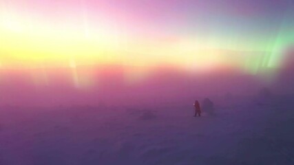 santa with a lantern lost on a foggy, arctic mountain, aurora sky - 3d animation