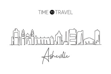 Poster - single one line drawing asheville city skyline, north carolina. world historical town landscape. bes