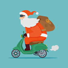 Santa Claus Rides Vintage Green Motor Scooter With Backbag Of Presents. Christmas Holiday Greeting Card Design Element. Vector Cartoon Flat Illustration Isolated On White Background