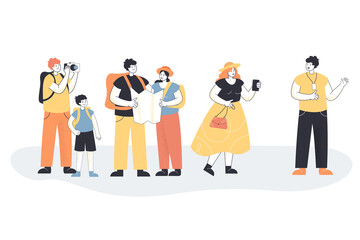 Wall Mural - tour guide cartoon character telling tourists about city. group of people on sightseeing trip, man a
