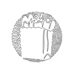 Poster - Single continuous line drawing grocery bag with vegetables. Paper package with produce. Paper bag in swirl curl circle background style. Dynamic one line draw graphic design vector illustration