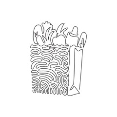 Poster - Continuous one line drawing grocery bag with vegetables. Paper package with agricultural products and fruits. Paper bag in swirl curl style. Single line draw design vector graphic illustration