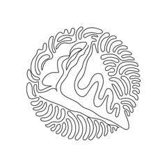 Poster - Single one line drawing crepes with bananas and chocolate, pancakes snacks in cafe or restaurant. Swirl curl circle background style. Modern continuous line draw design graphic vector illustration