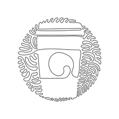 Poster - Single one line drawing coffee milk paper cup. Hot chocolate drink to crave for refreshing feeling. Swirl curl circle background style. Modern continuous line draw design graphic vector illustration