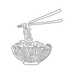 Poster - Single one line drawing noodle in bowl. Asian ramen oriental, traditional Chinese restaurant with pasta and chopsticks. Swirl curl style. Modern continuous line draw design graphic vector illustration