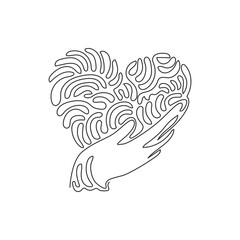 Poster - Single one line drawing hand holding heart icon. Save life or health care symbol. Swirl curl style. Isolated vector symbol. Modern continuous line draw design graphic vector illustration
