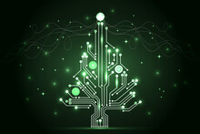 Christmas Tree From Digital Electronic Circuit. Abstract Green Lighting Motherboard Microchip. Vector Illustration
