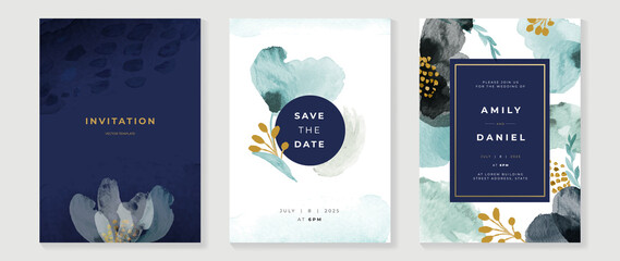blue and navy indigo floral and gold watercolor wedding invitation vector set. luxury background and
