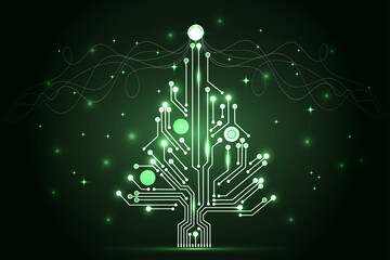 Christmas tree from digital electronic circuit. Abstract green lighting motherboard microchip. Vector illustration