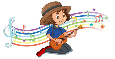 Sticker - Girl playing guitar with melody symbols on rainbow wave