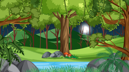 Wall Mural - Nature forest at night scene with many trees