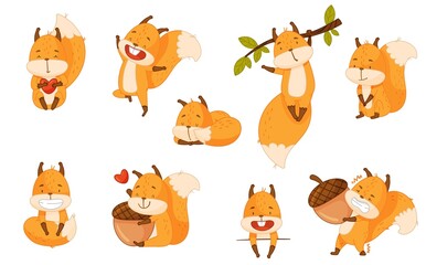 Wall Mural - Funny Orange Squirrel Character with Bushy Tail Cuddling and Embracing Acorn Vector Set