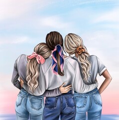 Three best friends backs digital drawing