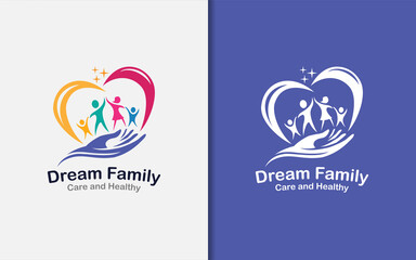 Poster - Happy Colorful Family Combined with Abstract Loving Hearth and Hand Shape Logo Design. Vector Logo Illustration