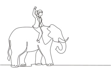 Wall Mural - Continuous one line drawing businesswoman riding elephant symbol of success. Business metaphor concept, looking at goal, achievement, leadership. Single line draw design vector graphic illustration